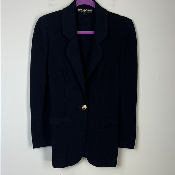 ST. JOHN BASICS Black Santana Knit Long Sleeve Gold Buttons Blazer Size 2 - Picture 1 of 16